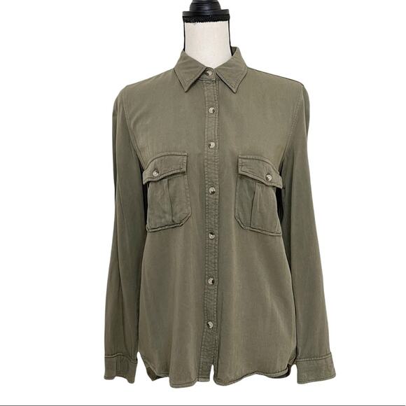 Harper Collared Hi-Low Hem Long Sleeve Button Front Blouse Women's Olive Size M - Picture 2 of 9